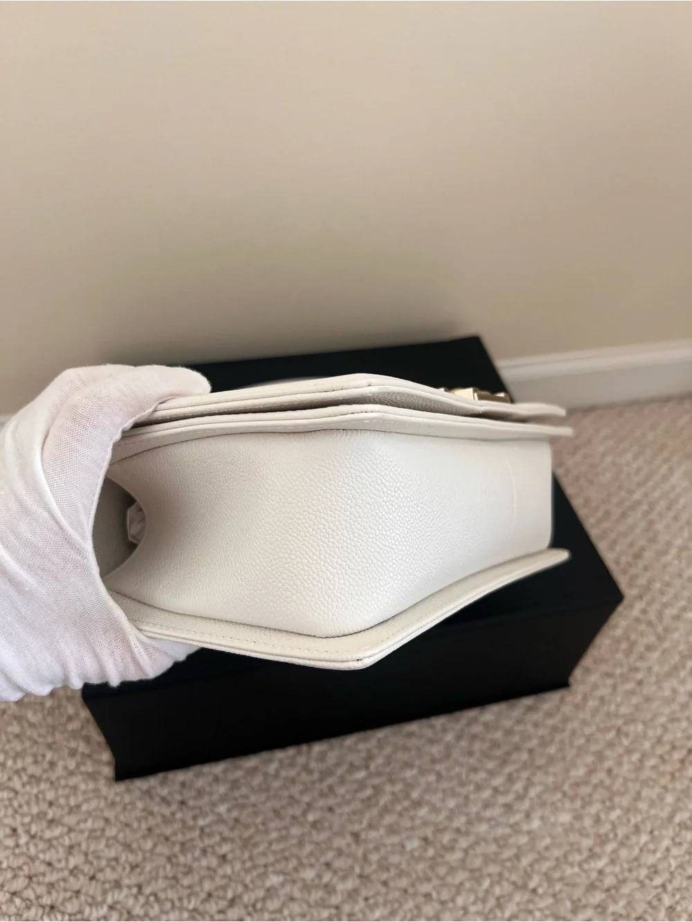 Chanel Caviar White Medium Boy Bag with Champagne Gold Hardware